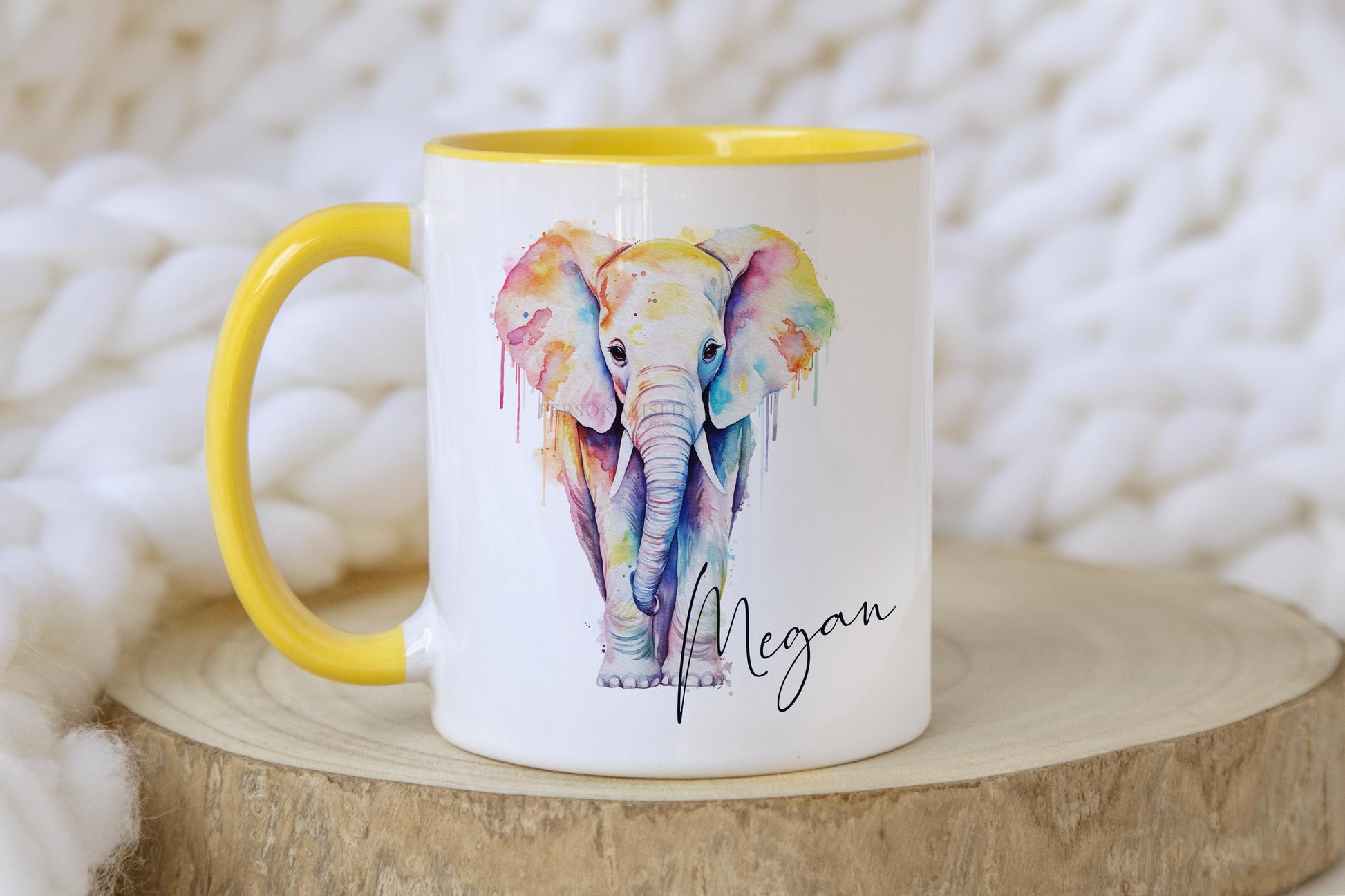 Personalised Elephant Mug, Tea Coffee Elephant Mug Gift, Choice of Mug Colours, Watercolour Rainbow Elephant Mug, Gift for Her, Gift for Him