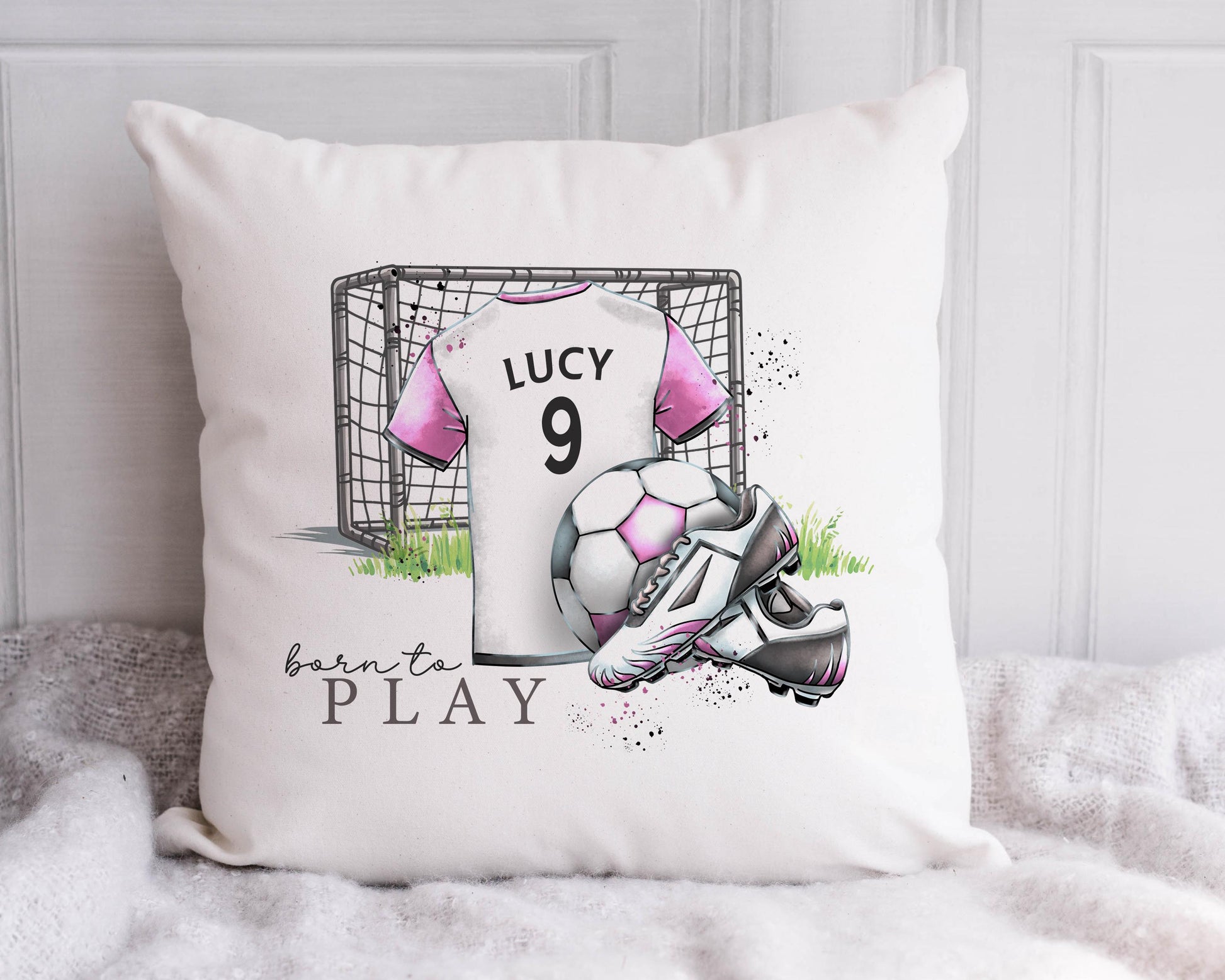 Personalised Football Cushion, Boys & Girls Football Gift, Kids Bedroom Decor, Kids Football Pillow, Name and Number on Shirt, Colour Choice