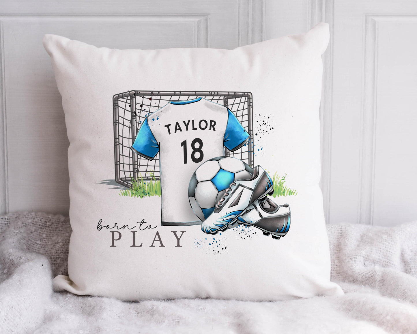 Personalised Football Cushion, Boys & Girls Football Gift, Kids Bedroom Decor, Kids Football Pillow, Name and Number on Shirt, Colour Choice