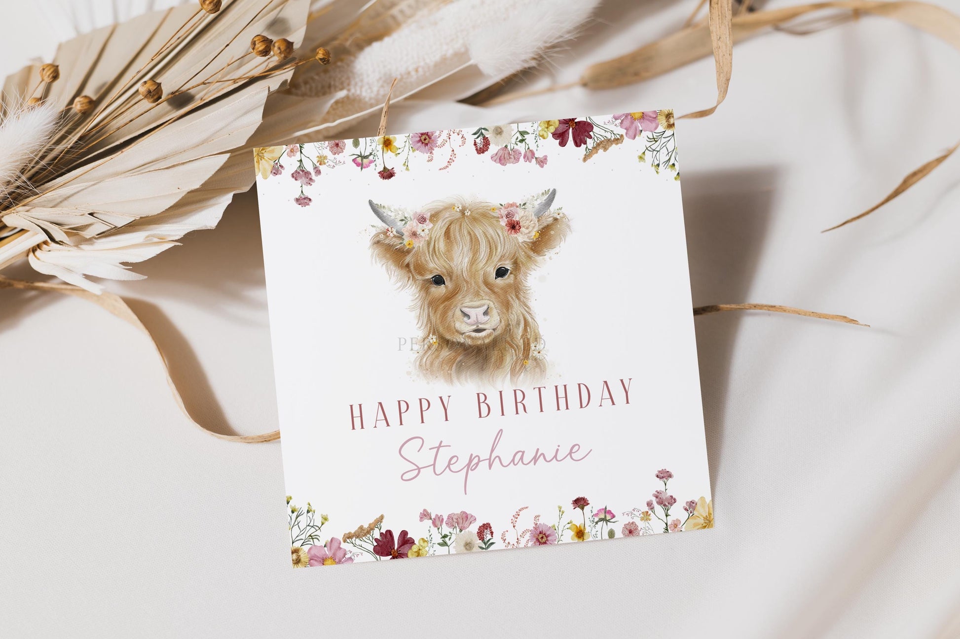 Highland Cow Birthday Card, Personalised Birthday Card for Mum, Daughter, Sister, Friend, Highland Cow with Wildflowers Card for Any Age