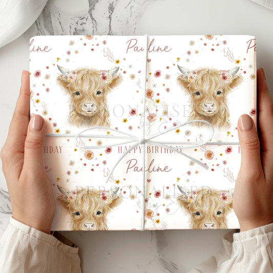 Highland Cow Birthday Gift Wrapping Paper for Her, Personalised Highland Cow and Wildflowers Birthday Gift Wrap - Any Age Birthday Gift Wrap