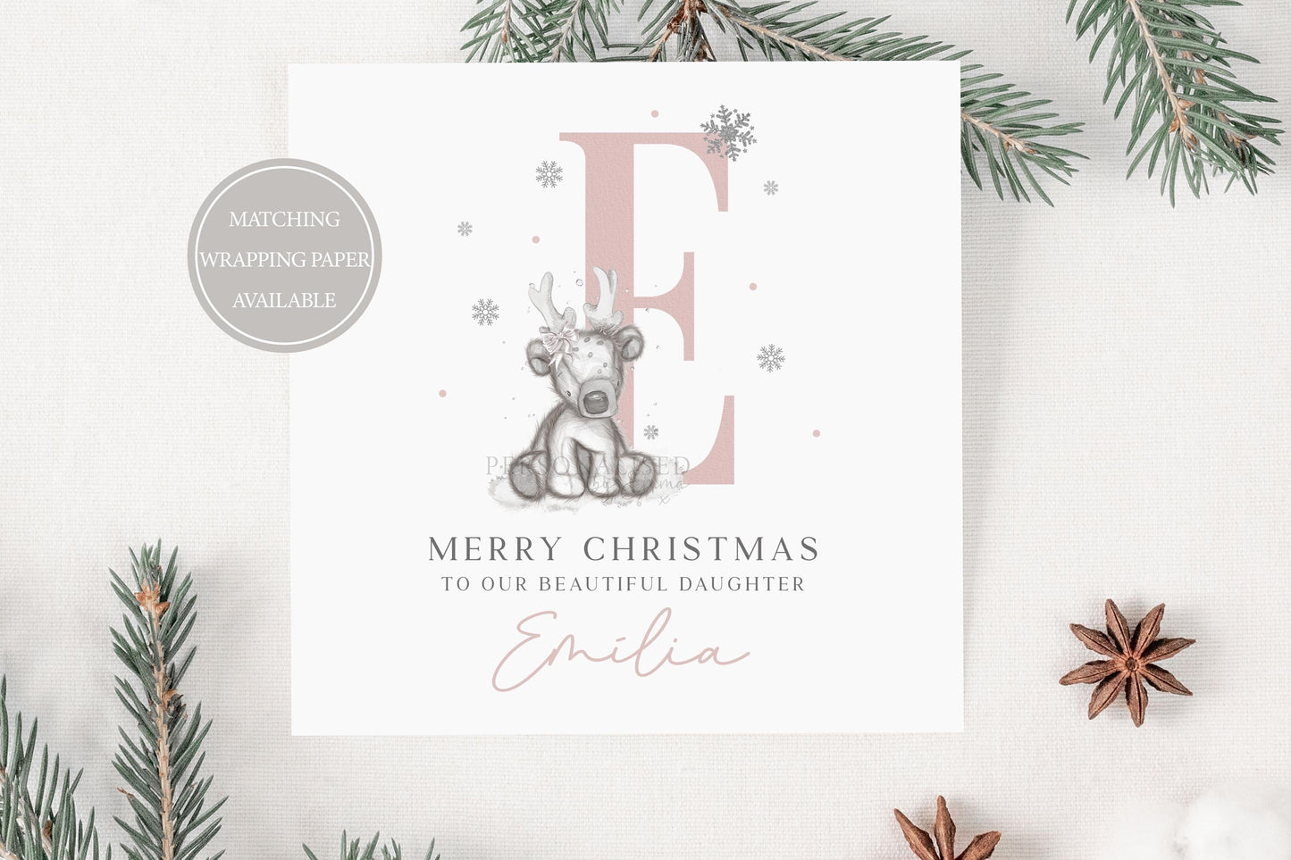 Personalised Girl's Christmas Card, Christmas Card for Daughter, Granddaughter, Sister, Niece, Goddaughter, Pink Reindeer Alphabet