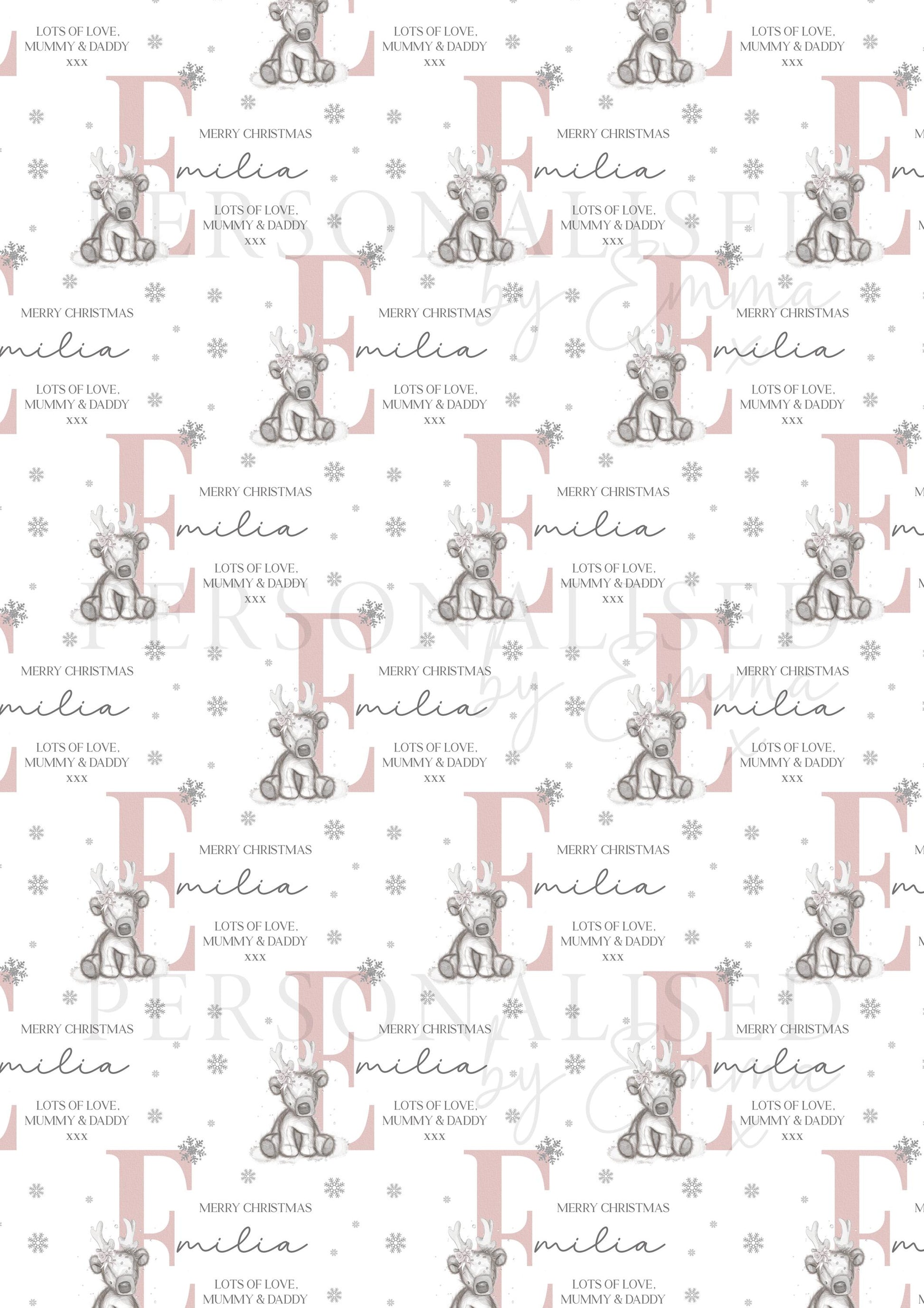 Girl's Christmas Gift Wrapping Paper, Personalised Girl's Christmas Wrapping Paper, Pink Initial Reindeer Gift Wrap Daughter, Granddaughter