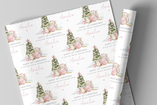 Girl's First Christmas Cute Mouse Gift Wrapping Paper, Personalised Girl's 1st Xmas Wrapping Paper, 1st Xmas Gift Wrap, Pink First Christmas