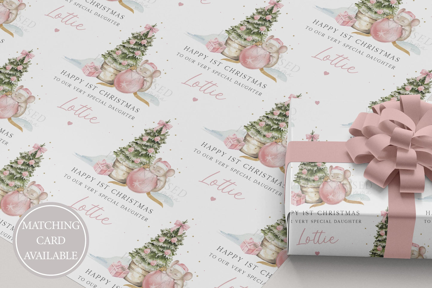 Girl's First Christmas Cute Mouse Gift Wrapping Paper, Personalised Girl's 1st Xmas Wrapping Paper, 1st Xmas Gift Wrap, Pink First Christmas