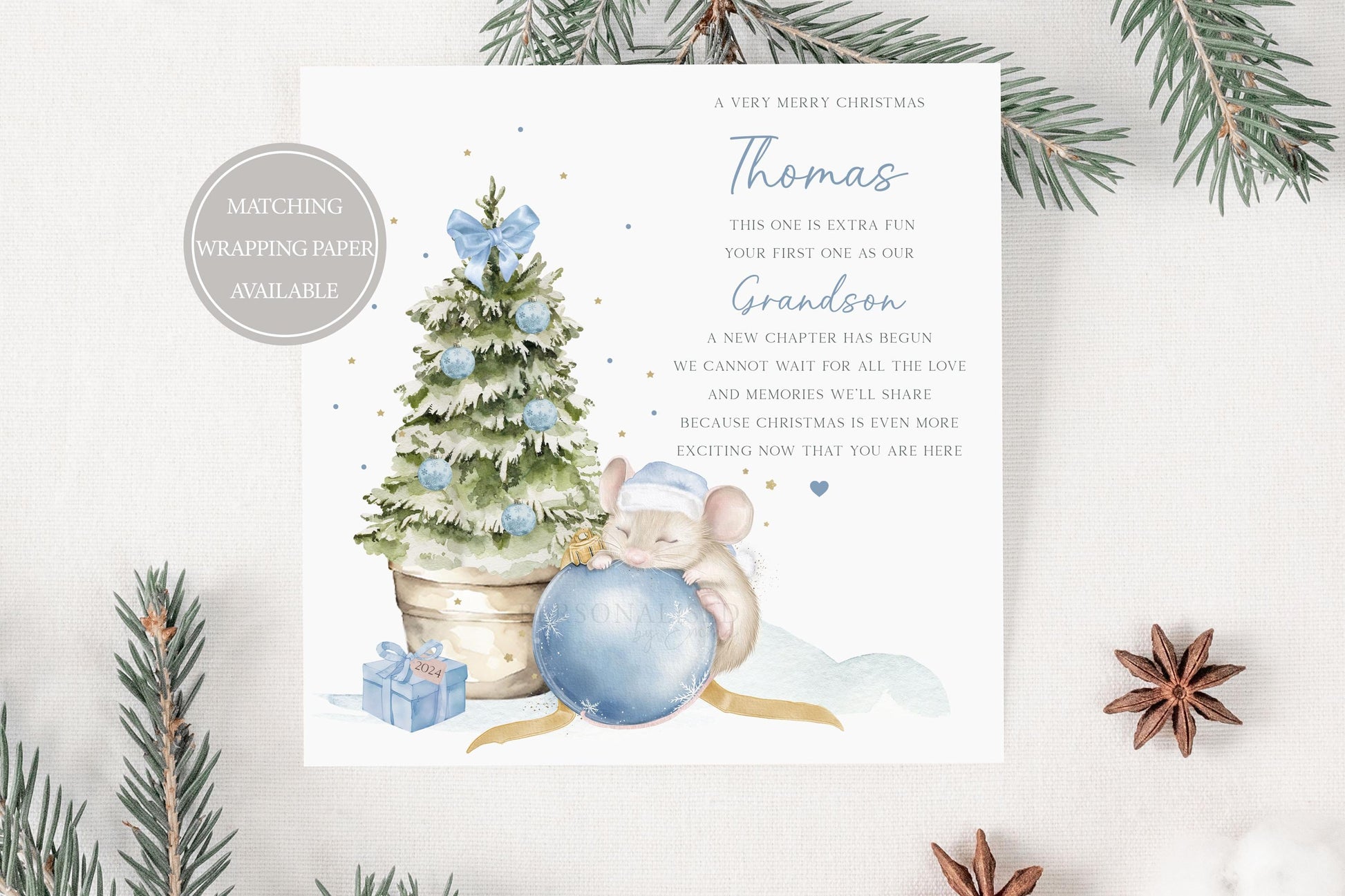 Baby Boy's Blue First Christmas Card, Personalised Boy's 1st Christmas Card for Son, Grandson, Nephew, Godson, Cute Mouse on Blue Bauble