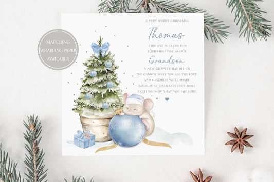 Baby Boy's Blue First Christmas Card, Personalised Boy's 1st Christmas Card for Son, Grandson, Nephew, Godson, Cute Mouse on Blue Bauble