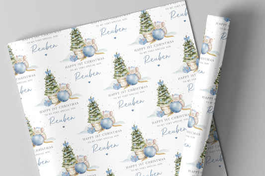 Boy's First Christmas Cute Mouse Gift Wrapping Paper, Personalised Boy's 1st Xmas Wrapping Paper, 1st Xmas Gift Wrap, Blue First Christmas