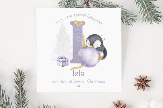 Girl's Christmas Card, Personalised Christmas Card for Daughter, Granddaughter, Niece, Goddaughter, Special Girl, Cute Penguin on Bauble