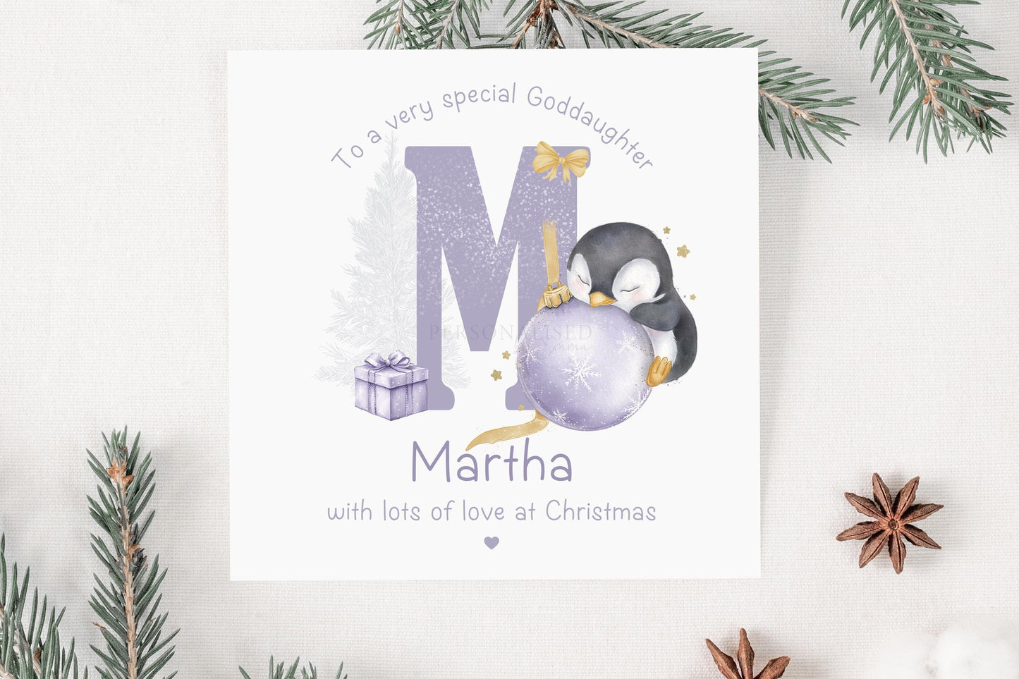 Girl's Christmas Card, Personalised Christmas Card for Daughter, Granddaughter, Niece, Goddaughter, Special Girl, Cute Penguin on Bauble