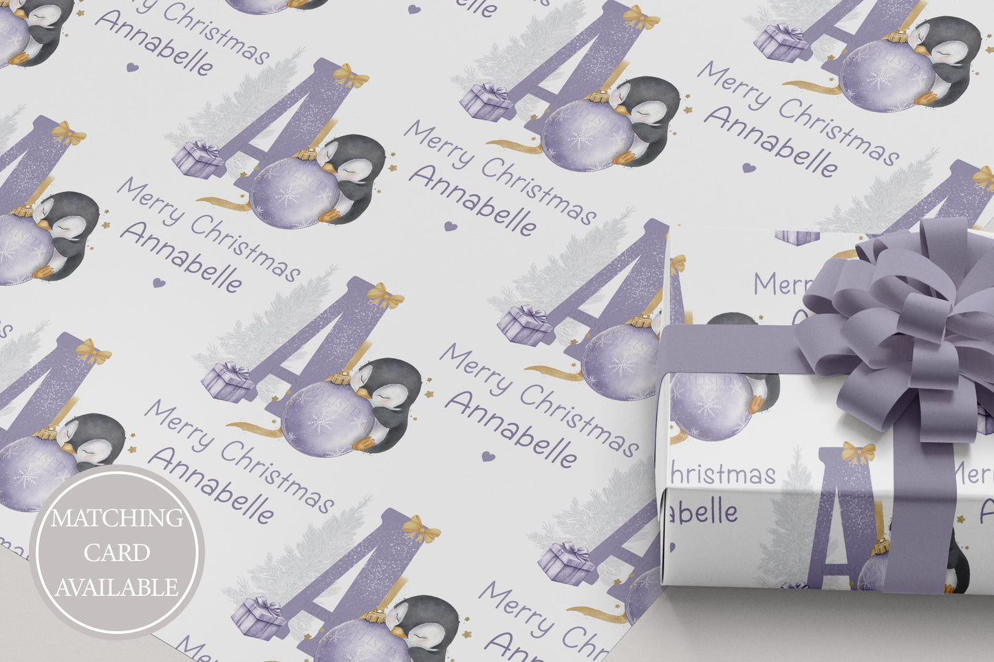 Girl's Christmas Gift Wrapping Paper, Personalised Girl's Penguin Christmas Wrapping Paper for Daughter, Granddaughter, Lilac Xmas Gift Wrap