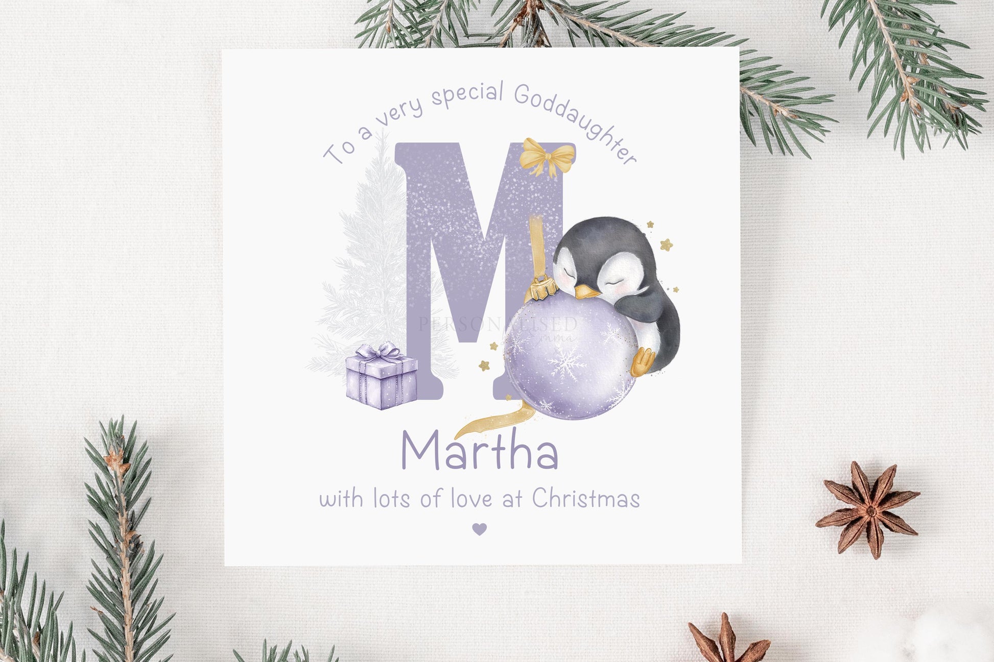 Girl's Christmas Gift Wrapping Paper, Personalised Girl's Penguin Christmas Wrapping Paper for Daughter, Granddaughter, Lilac Xmas Gift Wrap