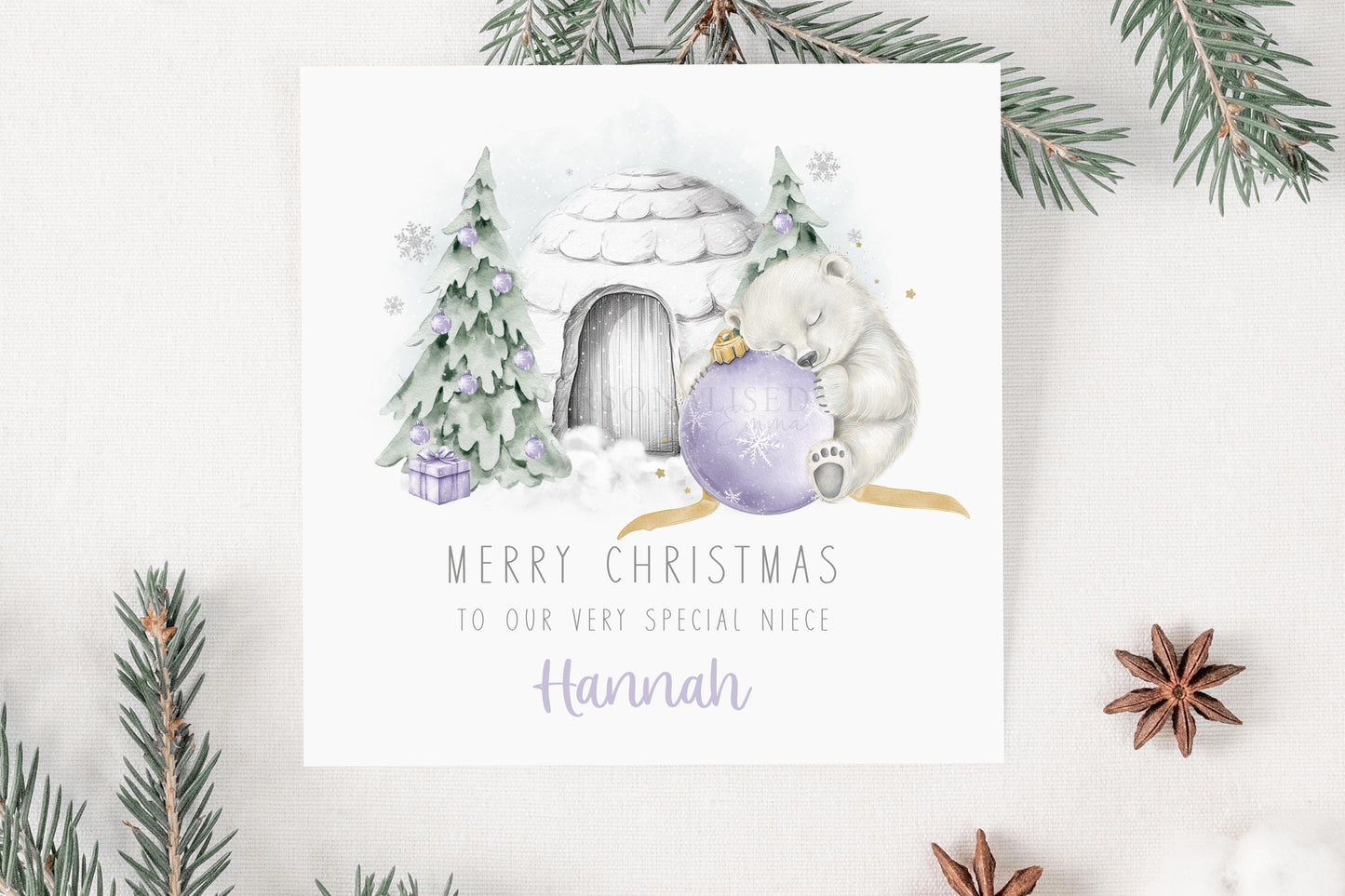 Girl's Christmas Card, Personalised Christmas Card for Daughter, Granddaughter, Sister, Niece, Goddaughter, Little Girl, Lilac Polar Bear