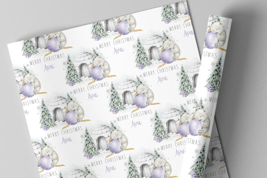 Girl's Christmas Gift Wrapping Paper, Personalised Girl's Polar Bear Xmas Wrapping Paper for Daughter, Granddaughter, Lilac Xmas Gift Wrap