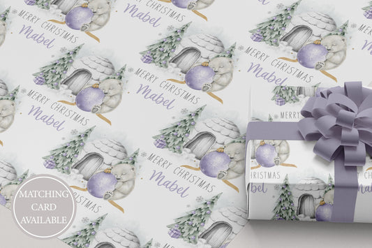 Girl's Christmas Gift Wrapping Paper, Personalised Girl's Polar Bear Xmas Wrapping Paper for Daughter, Granddaughter, Lilac Xmas Gift Wrap