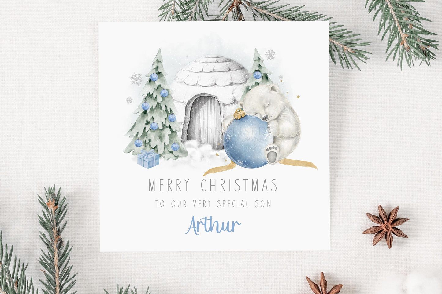 Children's Christmas Card Personalised for Son, Grandson, Nephew, Godson, Special Little Boy, Polar Bear Blue Bauble, Kid's Christmas Card