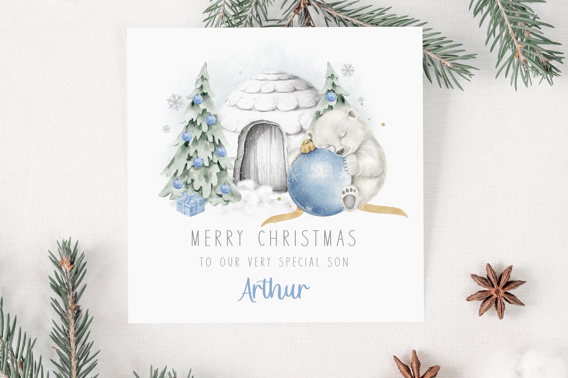 Children's Christmas Card Personalised for Son, Grandson, Nephew, Godson, Special Little Boy, Polar Bear Blue Bauble, Kid's Christmas Card