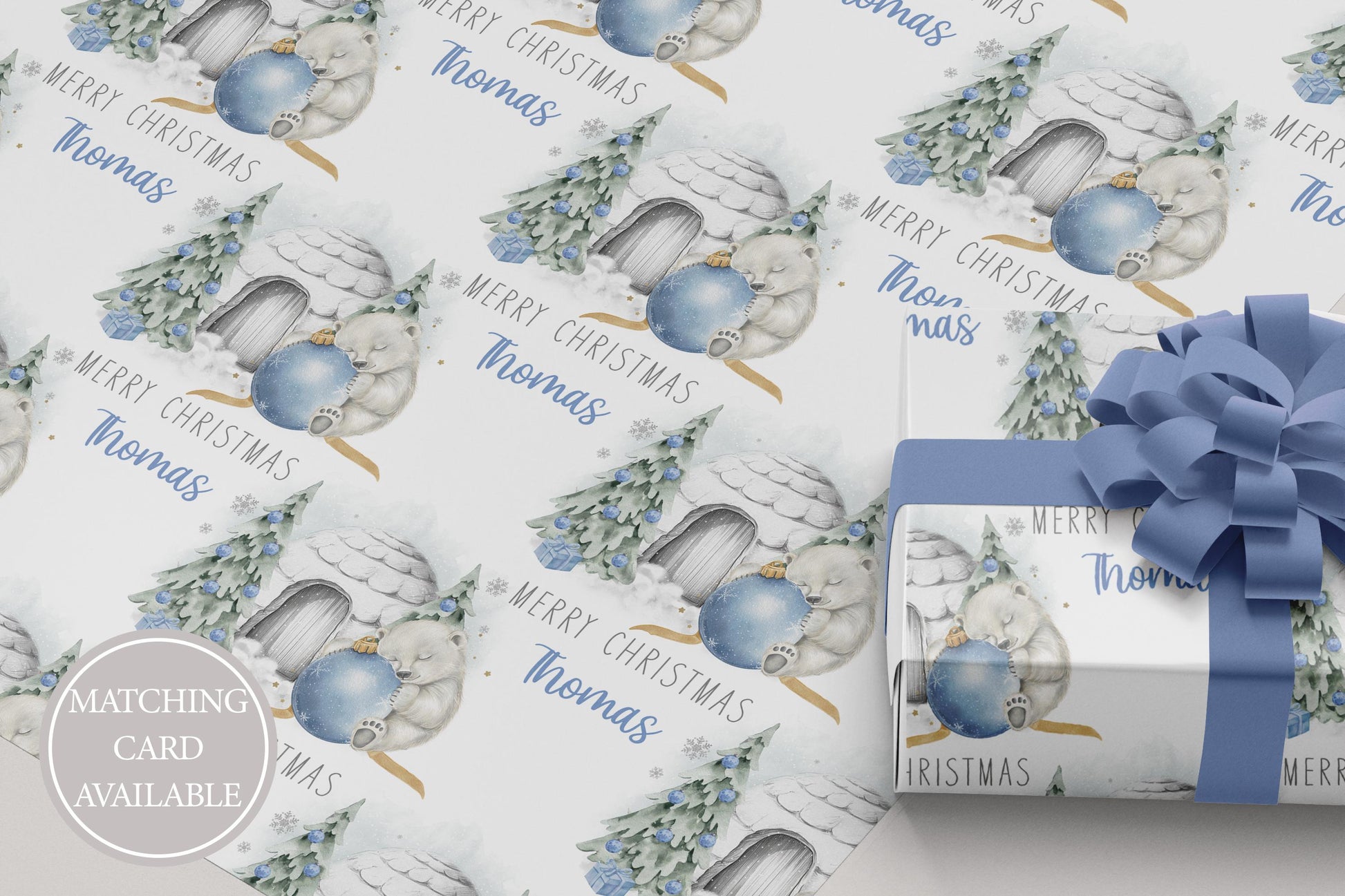 Kids Christmas Gift Wrapping Paper, Personalised Polar Bear Blue Bauble Xmas Wrapping Paper, Cute Xmas Gift Wrap for Little Boy, 1st Xmas