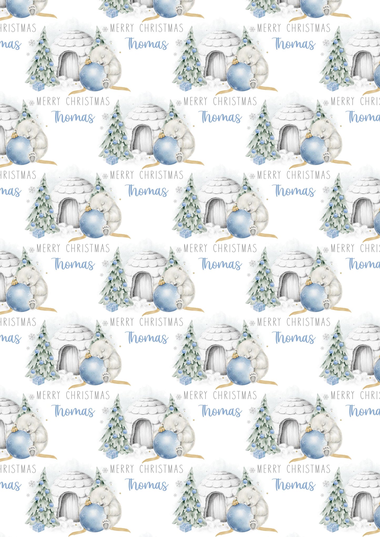 Kids Christmas Gift Wrapping Paper, Personalised Polar Bear Blue Bauble Xmas Wrapping Paper, Cute Xmas Gift Wrap for Little Boy, 1st Xmas