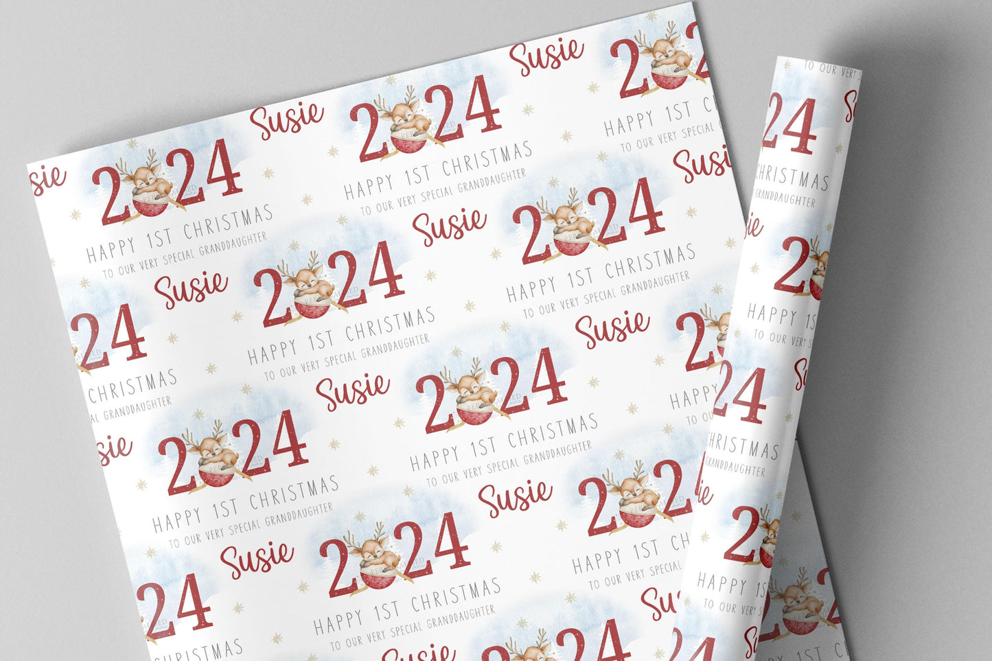 Girl's First Christmas Gift Wrapping Paper, Personalised Girl's 1st Xmas Wrapping Paper for Daughter, Granddaughter, Niece, 1st Xmas 2024