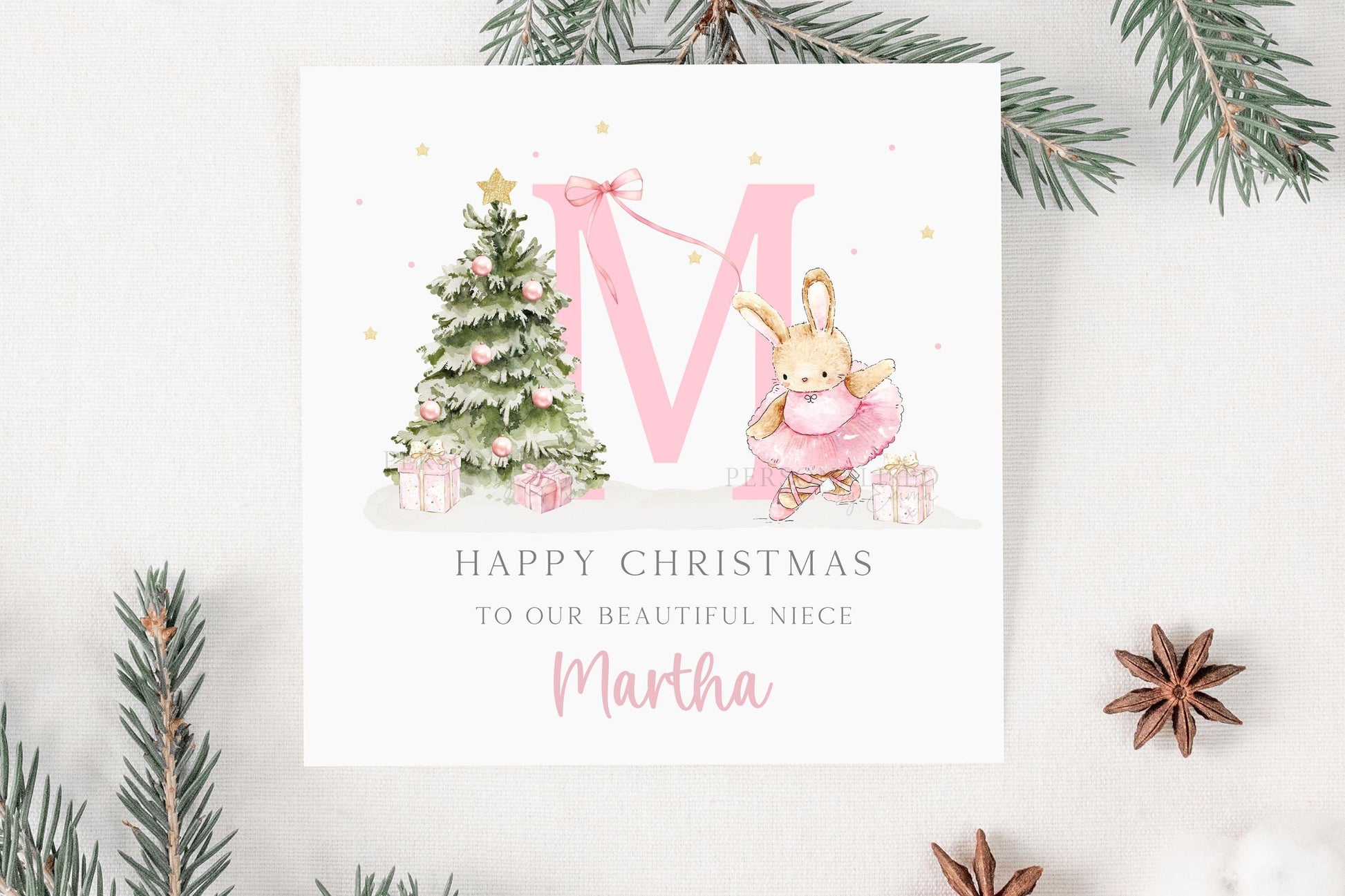 Girl's Christmas Card, Personalised Bunny Ballerina Christmas Card for Daughter, Granddaughter, Niece, Goddaughter, Special Girl, Pink Xmas