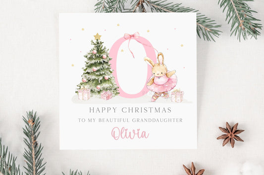 Girl's Christmas Card, Personalised Bunny Ballerina Christmas Card for Daughter, Granddaughter, Niece, Goddaughter, Special Girl, Pink Xmas