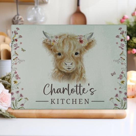 Personalised Tempered Glass Chopping Board, Highland Cow Design Family Worktop Saver, Textured Glass Cutting Board, Birthday, New Home Gift