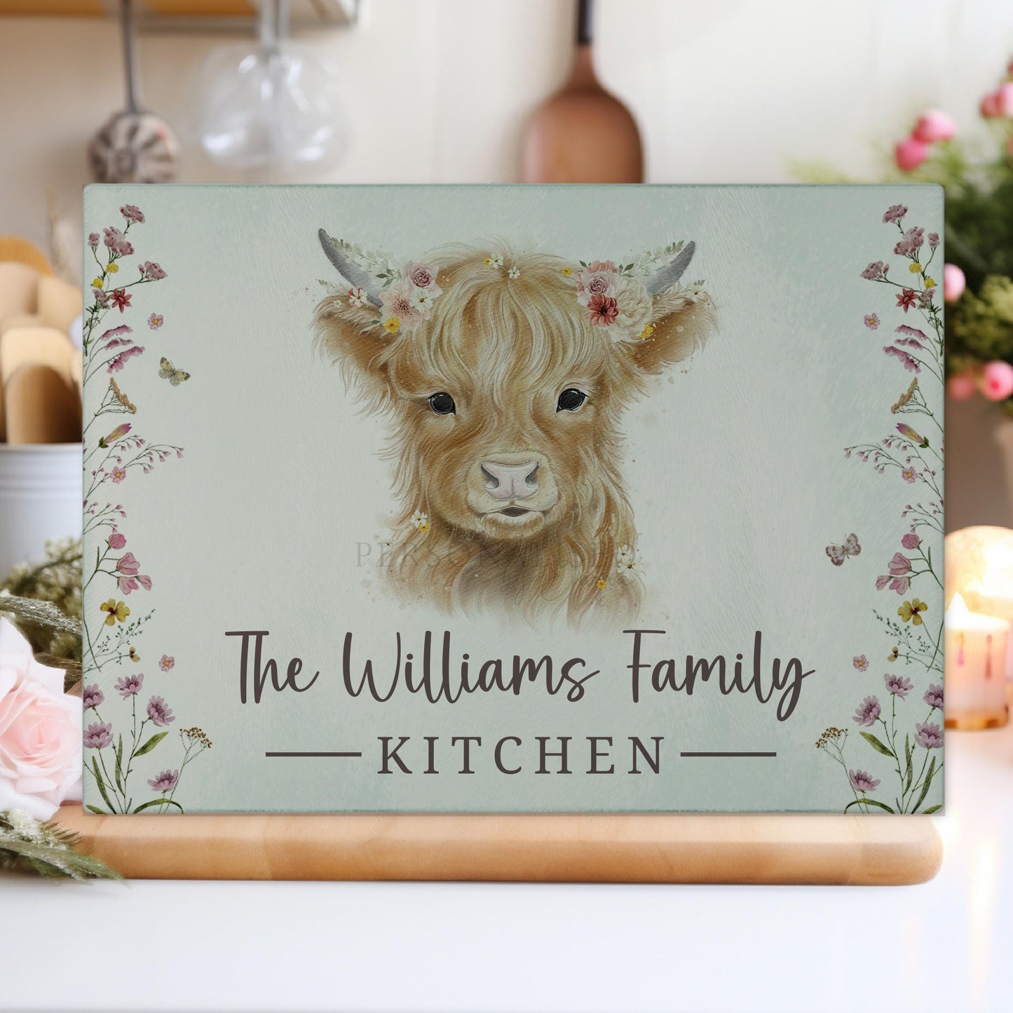 Personalised Tempered Glass Chopping Board, Highland Cow Design Family Worktop Saver, Textured Glass Cutting Board, Birthday, New Home Gift