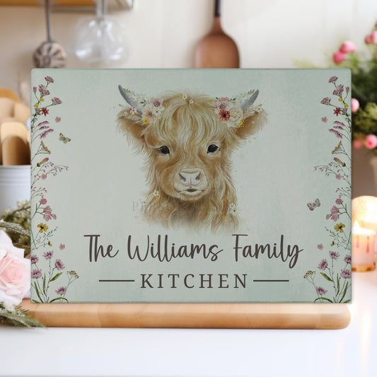 Personalised Tempered Glass Chopping Board, Highland Cow Design Family Worktop Saver, Textured Glass Cutting Board, Birthday, New Home Gift