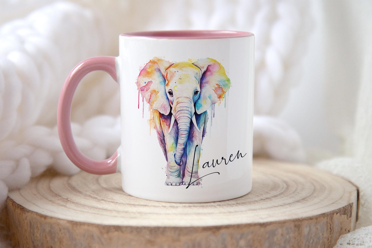 Personalised Elephant Mug, Tea Coffee Elephant Mug Gift, Choice of Mug Colours, Watercolour Rainbow Elephant Mug, Gift for Her, Gift for Him