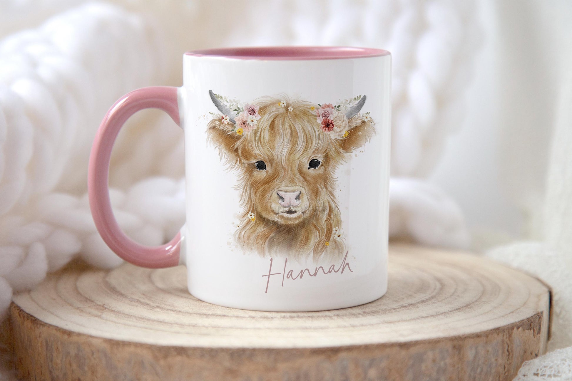 Highland Cow Mug, Personalised Tea Coffee Highland Cow Mug Gift, Pink Handled Mug, Gift for Her, Gift for Friend, Christmas Gift