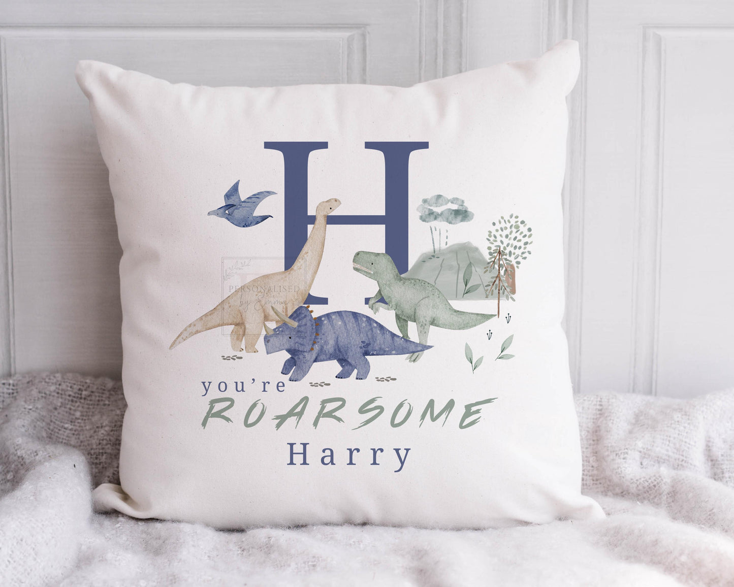 Personalised Dinosaur Cushion, Boys Dinosaur Gift, Kids Bedroom Nursery Decor, Kids Dinosaur Pillow, Roarsome Dinosaur Alphabet Cushion