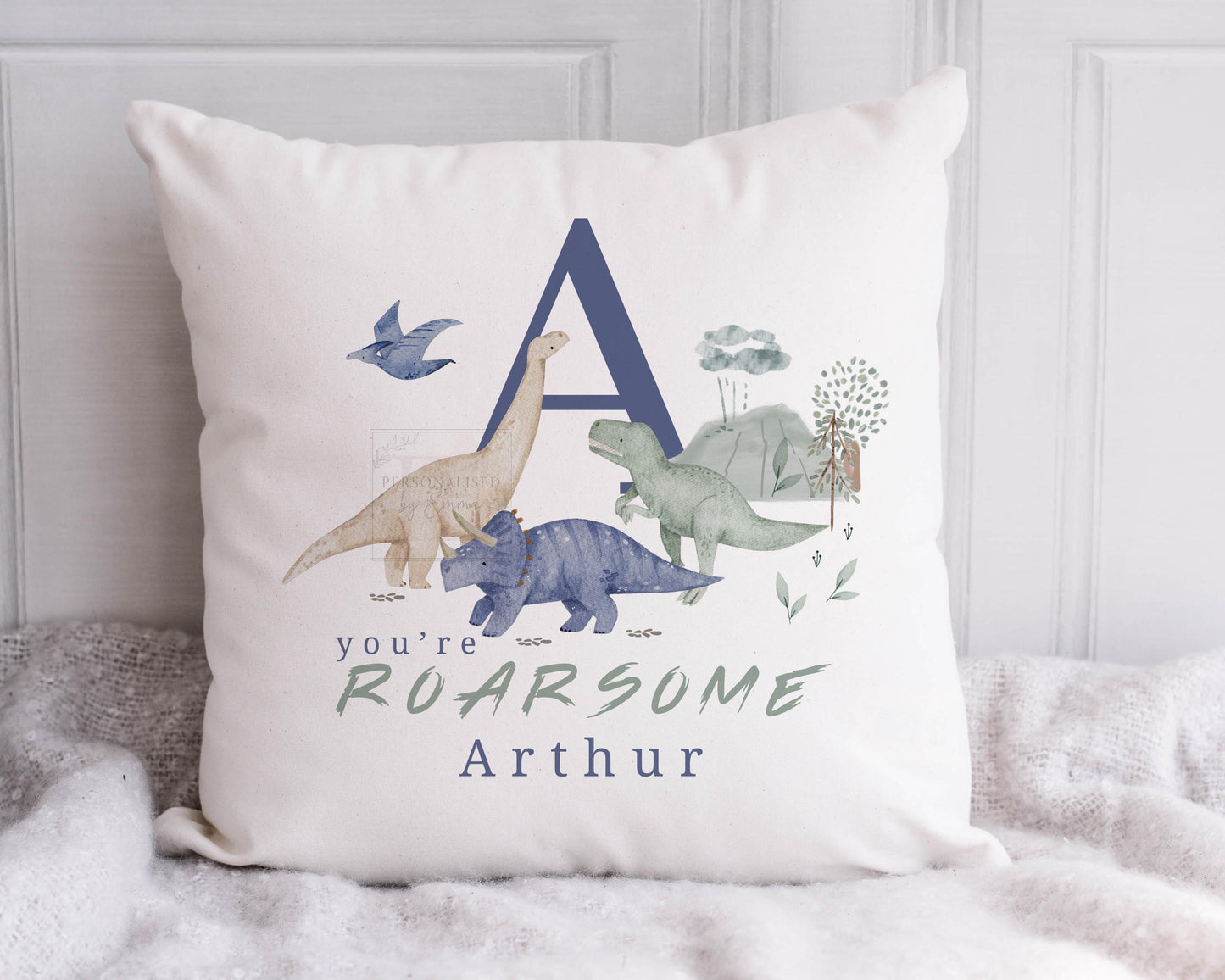 Personalised Dinosaur Cushion, Boys Dinosaur Gift, Kids Bedroom Nursery Decor, Kids Dinosaur Pillow, Roarsome Dinosaur Alphabet Cushion