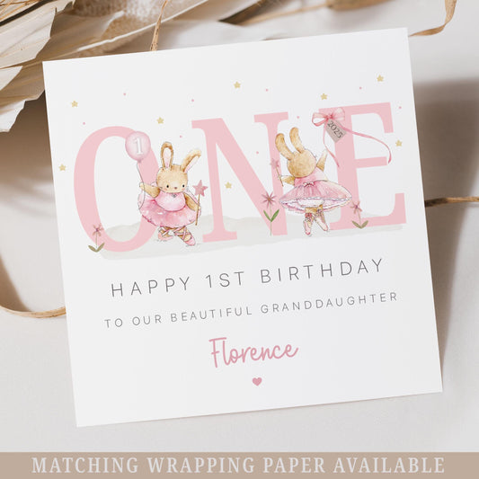 Girl's First Birthday Card, Personalised 1st Birthday Card for Daughter, Granddaughter, Sister, Goddaughter, Niece, Pink Ballerina Bunny