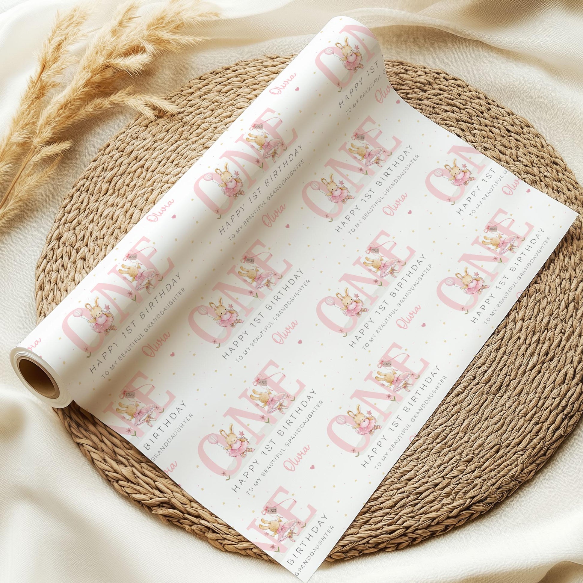 Girl's First Birthday Gift Wrapping Paper, Personalised 1st Birthday Gift Wrap for Daughter, Granddaughter, Niece, Pink Ballerina Bunny