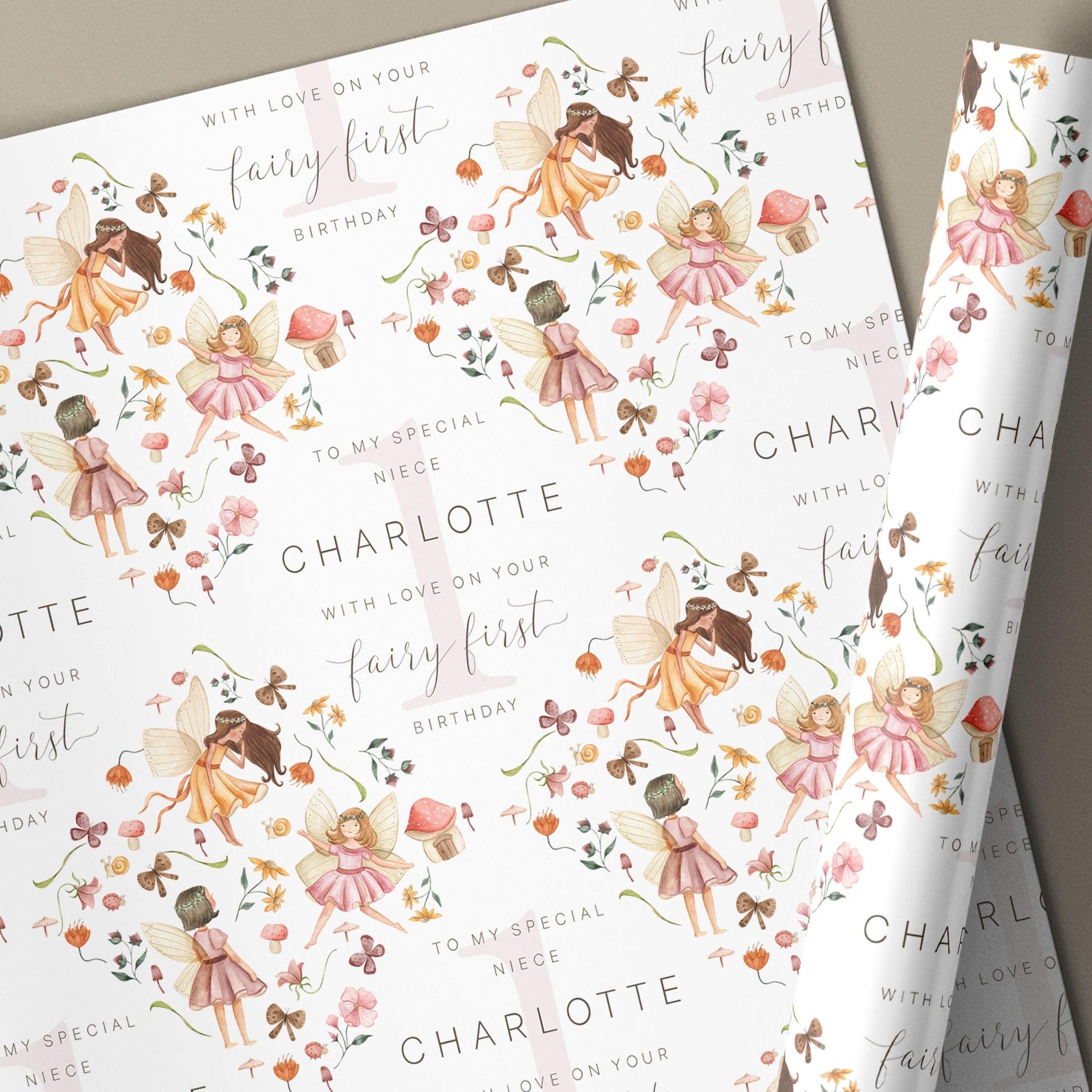 Fairy First Birthday Gift Wrapping Paper, Personalised Fairy 1st Birthday Gift Wrap & Card for Daughter, Granddaughter, Niece, Little Girl