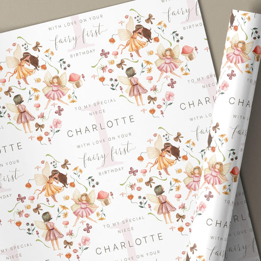 Fairy First Birthday Gift Wrapping Paper, Personalised Fairy 1st Birthday Gift Wrap & Card for Daughter, Granddaughter, Niece, Little Girl