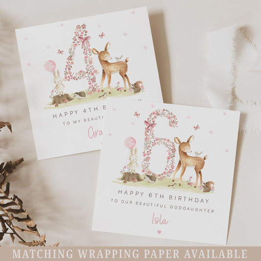 Girl's Birthday Card, Personalised 3rd, 4th, 5th, 6th Any Age Birthday Card for Daughter, Granddaughter, Goddaughter, Niece, Woodland Theme