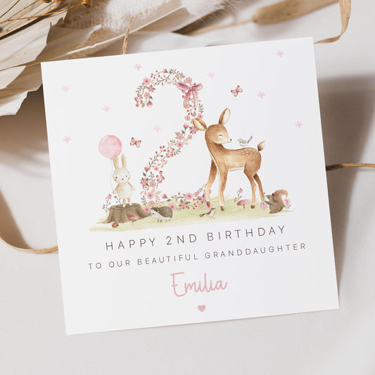 Girl's Birthday Card, Personalised 3rd, 4th, 5th, 6th Any Age Birthday Card for Daughter, Granddaughter, Goddaughter, Niece, Woodland Theme