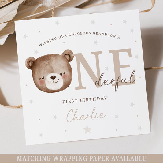 Boy's First Birthday Card, Personalised 1st Birthday Card for Son, Grandson, Nephew, Godson, Special Little Boy, Teddy Bear Onederful Card