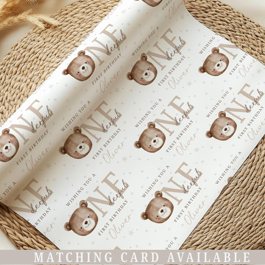 Teddy Bear First Birthday Gift Wrapping Paper, Personalised 1st Birthday Gift Wrap and Card for Son, Grandson, Nephew, Godson, Little Boy