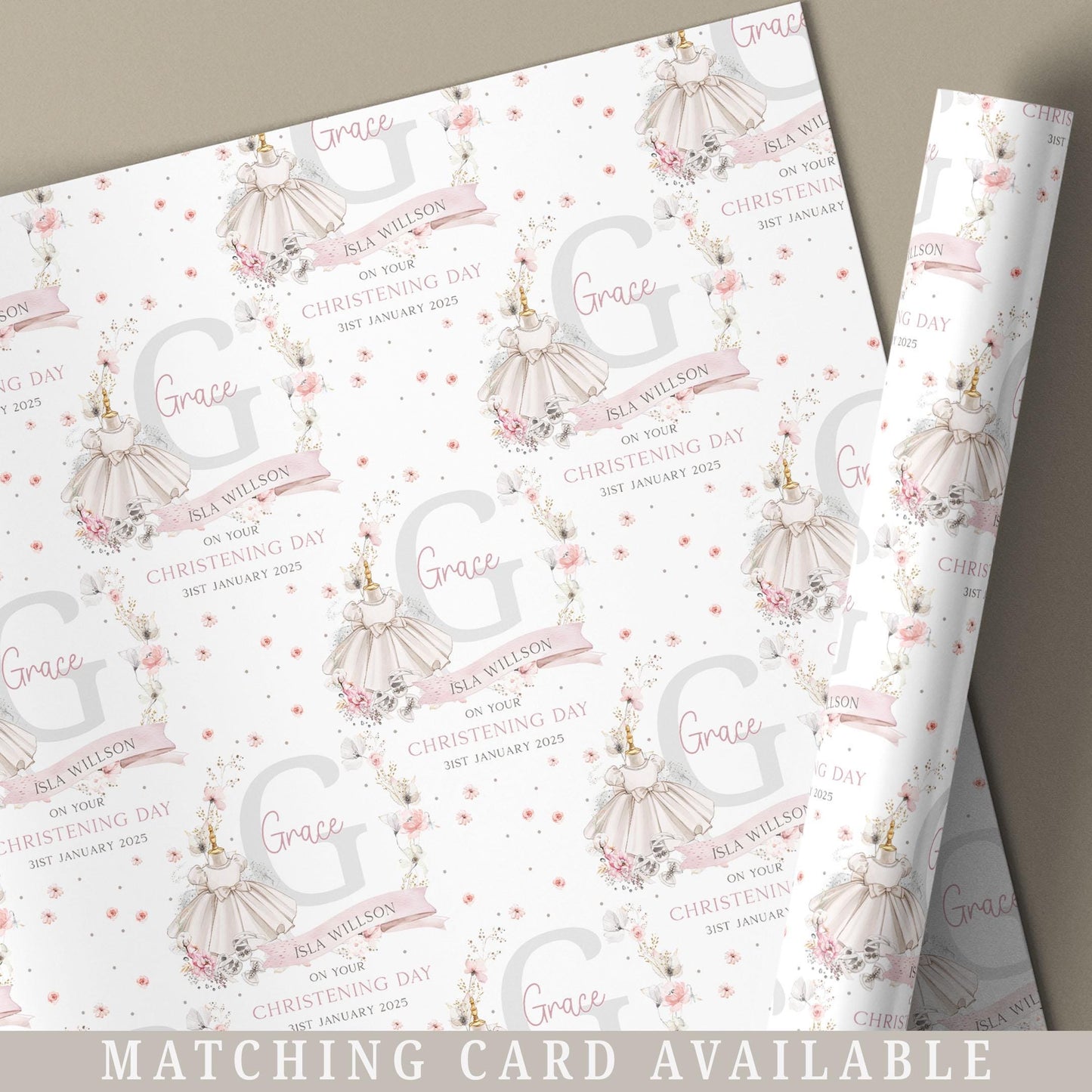 Girl's Christening, Baptism Gift Wrapping Paper, Personalised Christening Gift Wrap & Card for Daughter, Granddaughter, Niece, Goddaughter