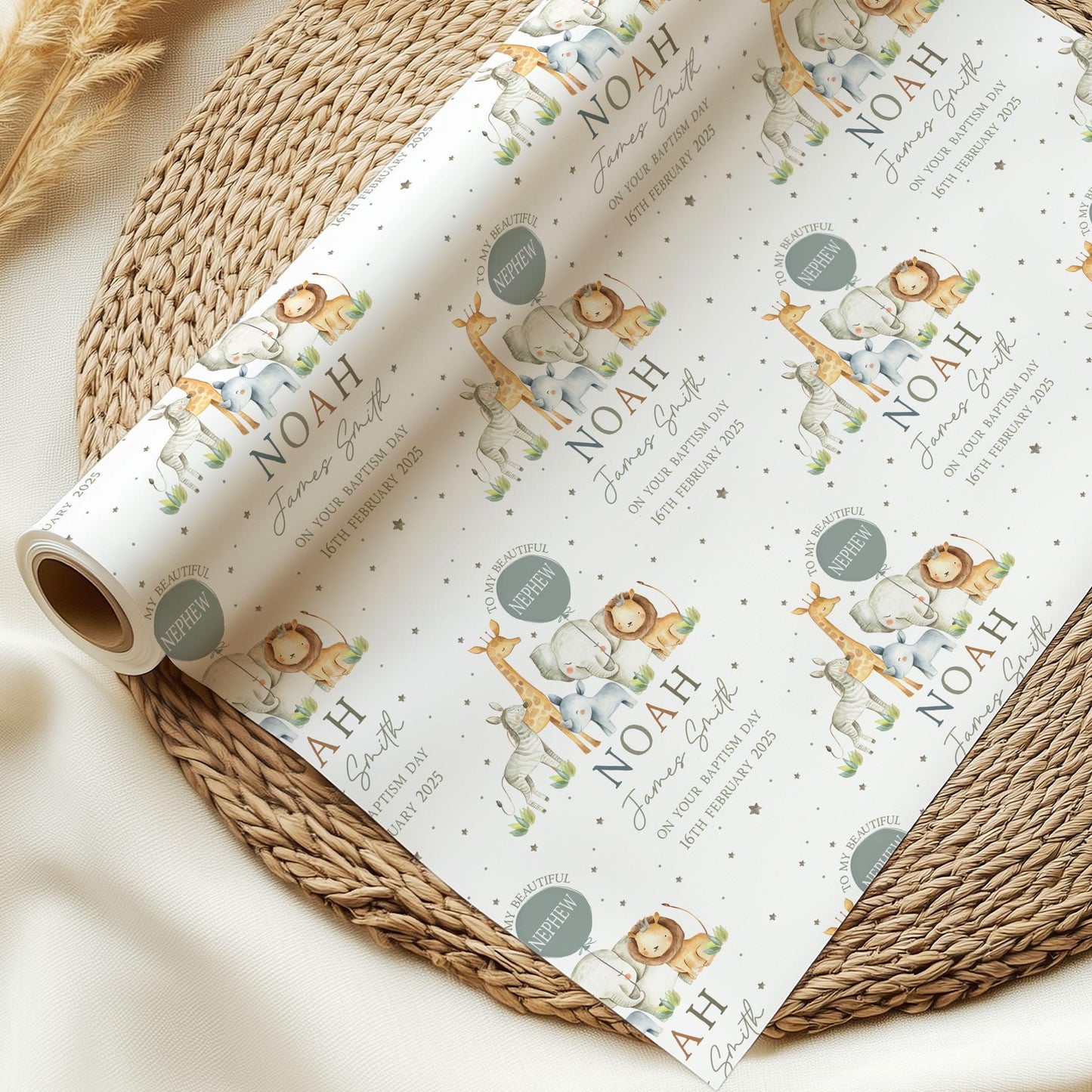 Christening, Baptism Gift Wrapping Paper, Personalised Christening Gift Wrap & Card for Son, Daughter, Grandson, Granddaughter, Safari Theme