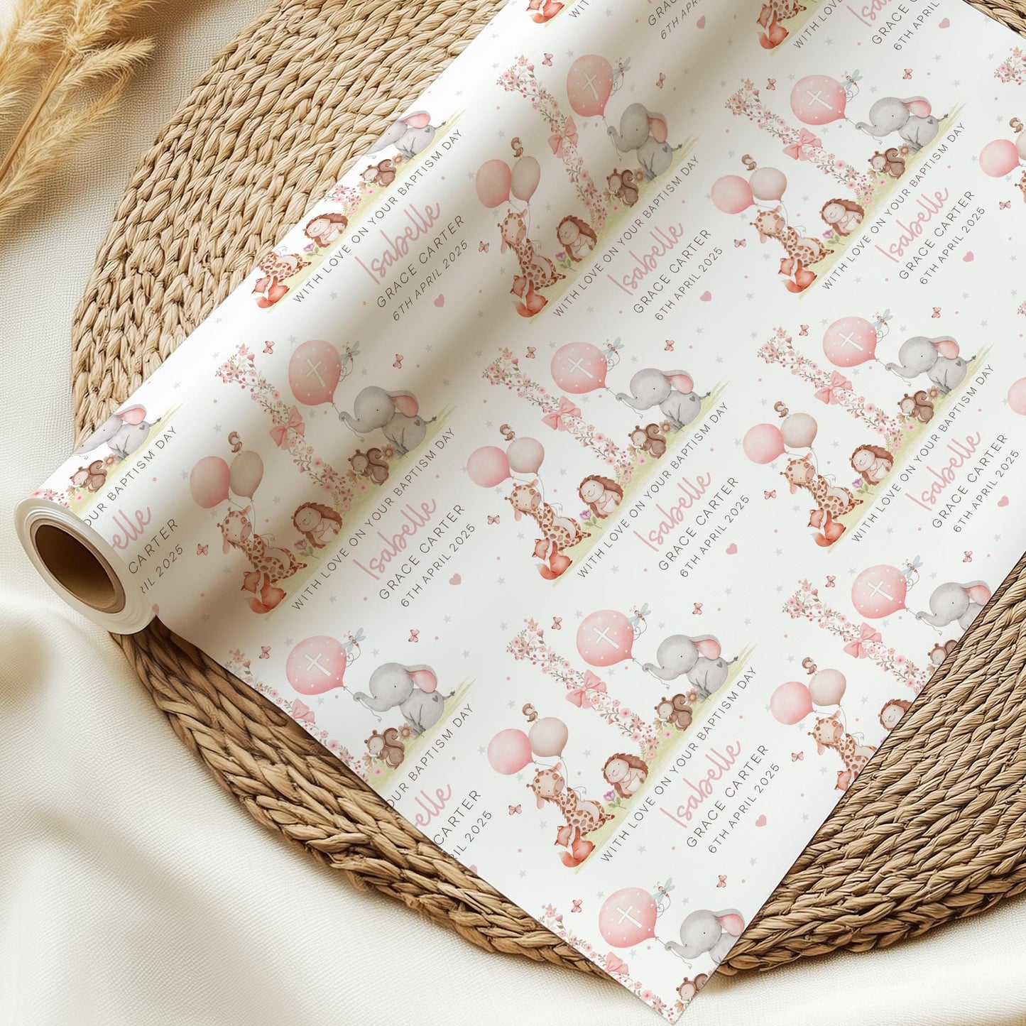 Girl's Christening, Baptism Gift Wrapping Paper, Personalised Christening Gift Wrap & Card for Daughter, Granddaughter, Niece, Goddaughter