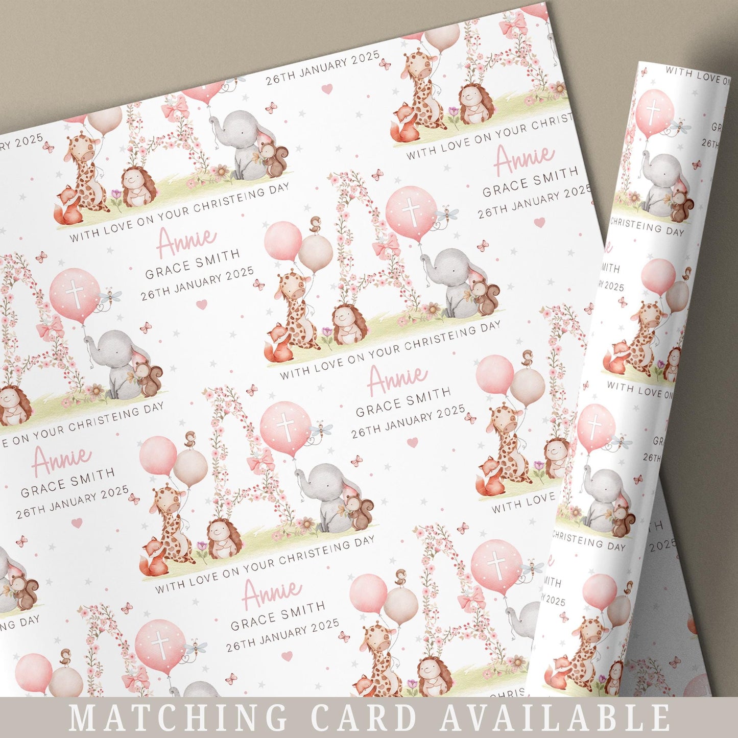 Girl's Christening, Baptism Gift Wrapping Paper, Personalised Christening Gift Wrap & Card for Daughter, Granddaughter, Niece, Goddaughter