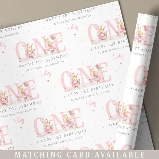 Girl's First Birthday Gift Wrapping Paper, Personalised 1st Birthday Gift Wrap for Daughter, Granddaughter, Niece, Pink Ballerina Bunny