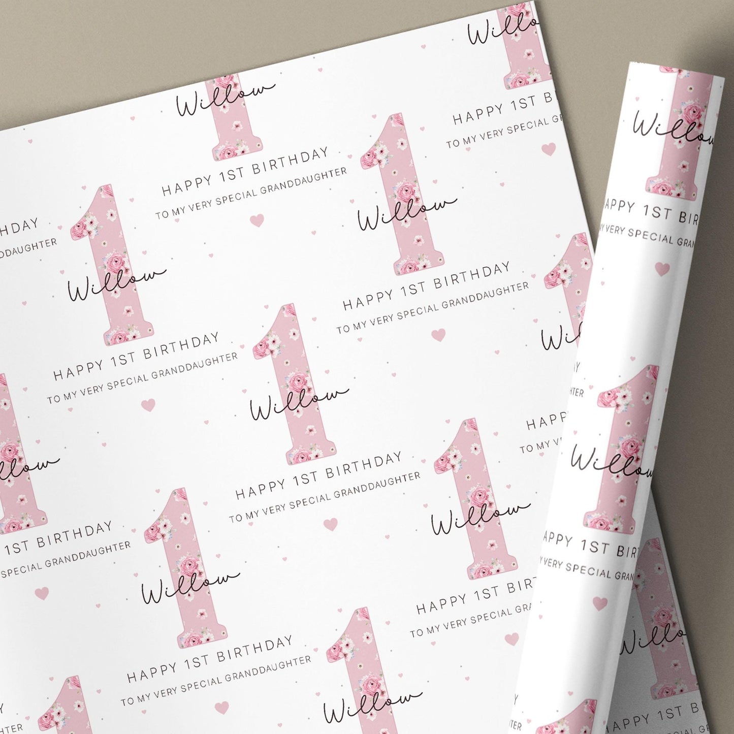 Girl's First Birthday Gift Wrapping Paper, Personalised 1st Birthday Gift Wrap and Card for Daughter, Granddaughter, Niece, Special Girl