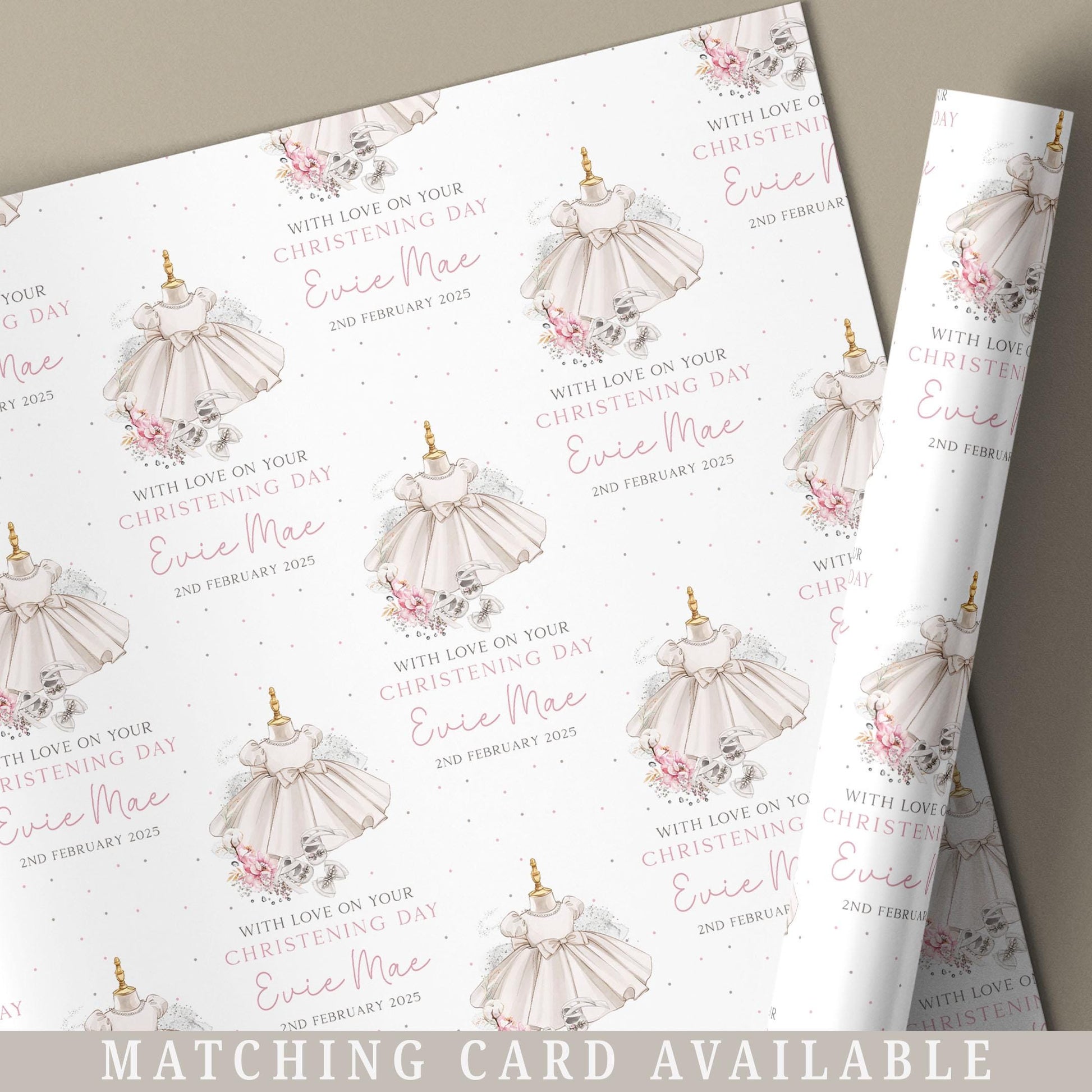 Baby Girl's Christening Baptism Gift Wrapping Paper, Personalised Girl's Christening, Baptism Gift Wrap and Card for Daughter, Granddaughter