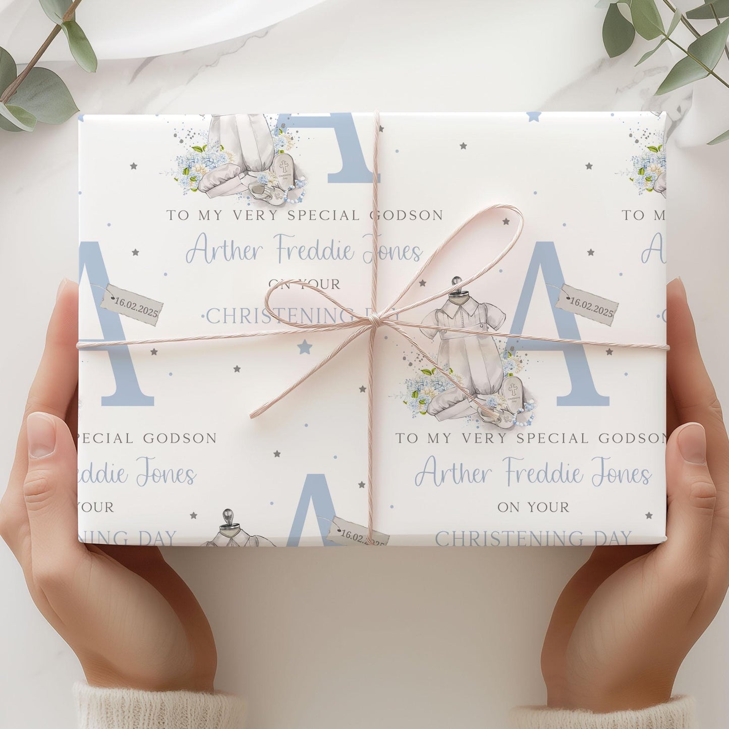 Baby Boy's Christening, Baptism, Wrapping Paper, Personalised Christening Gift Wrap and Card for Son, Grandson, Nephew, Special Little Boy