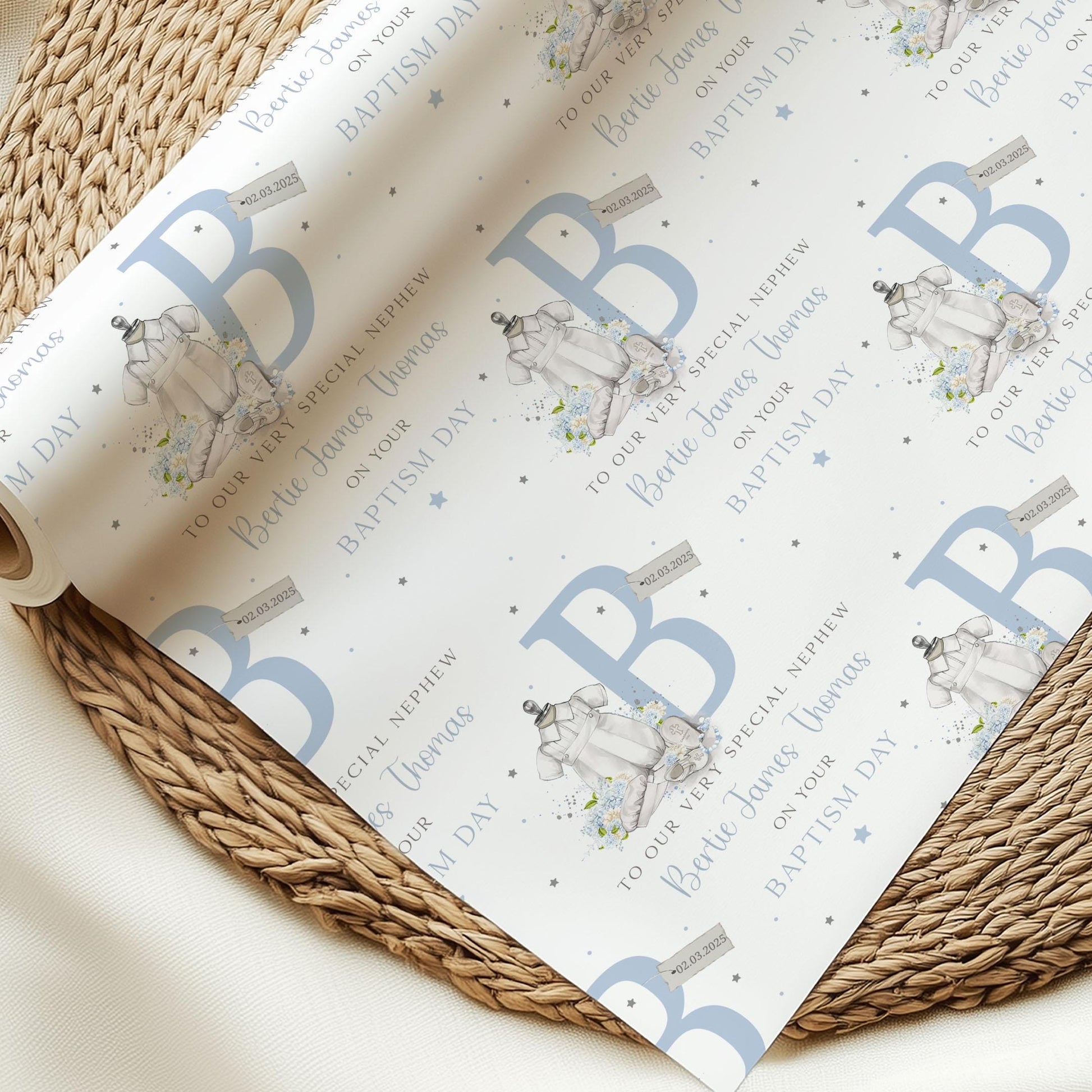 Baby Boy's Christening, Baptism, Wrapping Paper, Personalised Christening Gift Wrap and Card for Son, Grandson, Nephew, Special Little Boy